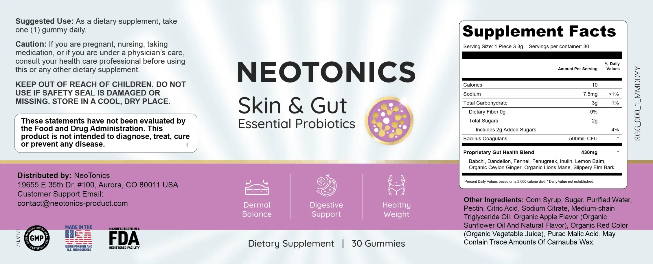 Neotonics Ingredient label